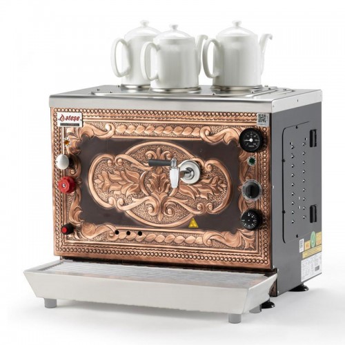 Ateşe Sümela Analog 3 Demlikli Çay Kazanı, Gaz+Elektrikli, Bakır